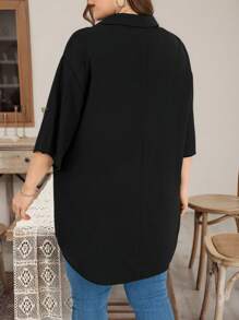 SHEIN Essnce Plus Size Women's Spring And Summer New Fashion Casual Business Casual Woman Commuting Elegant Work Casual Spring And Summer Women's Notched V-Neck Adjustable Sleeves Mixed 7-Quarter Sleeve Summer Tops Going Out Tops Church Clothes Women Office Outfits For Women Rave Outfits Funny Shirts Teacher Black Shirt