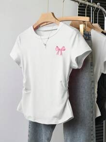 Sparklyn 3pcs/Set Teen Girl Casual Versatile Cute Bow Print Short Sleeve T-Shirt Top - Multicolor - View 6