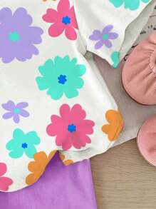 SHEIN Conjunto de top de manga corta con cuello redondo y estampado floral lindo y sencillo, y leggings, adecuado para niñas bebés en primavera/verano