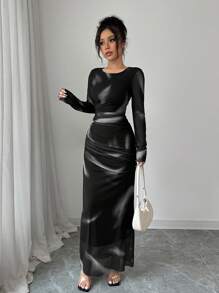 Elenzga Đầm Maxi Ôm Body Xếp Nếp Lưới In Màu Chuyển Sắc Thanh Lịch Cho Nữ - màu đen - Xem 6