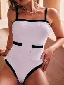 SHEIN Swim Elegant Textured Fabric Black & White Contrast Trim Knit Pockets One-Piece Swimsuit With Removable Shoulder Straps For Summer Beach Vacation - Black and White - View 5