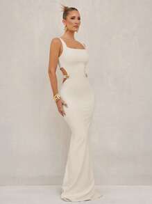 Lumalex Vestido apretado con escote cuadrado, cintura hueca y decoración de metal para mujer, para ocasiones como el Día de San Valentín, Pascua, boda, compromiso, ceremonia de mayoría de edad