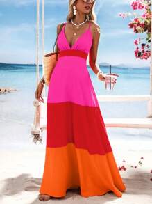 Vivid Eden Sukienka damska z długim rękawem z nadrukiem w bloki kolorów i dekoltem w serek, wiosenne i letnie stylizacje, ubrania letnie, walentynki, stroje wakacyjne, stroje plażowe dla kobiet, festiwal, romantyczne i eleganckie ubrania, styl boho, boho, słodkie, stroje rave na festiwal, tropikalne ubrania damskie na wakacje, karnawał