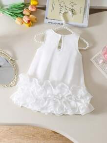 SHEIN Elladie kids 女宝宝优雅简约无袖蝴蝶结装饰皱褶网眼裙连衣裙，春夏 - 白色 - 查看 3