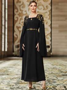 Layrah Bata de abaya otomana con cristales, modesta kaftan - Negro - Ver 5