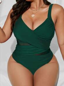 Swim Lushoire Plus Size Women's Cross-Over Color Block Mesh Patchwork One-Piece Swimsuit, Summer Beach Resort
