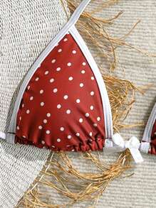 Soleia Summer Outfits For Women,Swim Suits For Women,Vacation Outfits Woman,Beach Outfits For Woman,Beachwear,Women's Red And White Polka Dot Print Contrast Tie Beach Bikini Top With Bow Embellishment - Apricot - View 4