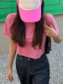 DAZY Women's Striped Loose Fit Cropped Short Sleeve T-Shirt - Pink - View 4