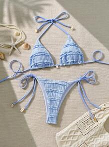 Swim Mod 2pcs/Set New Summer Women Beach Bikini Set, Jacquard Fabric Cute Bikini Swimsuit With Side Tie - Blue - View 2