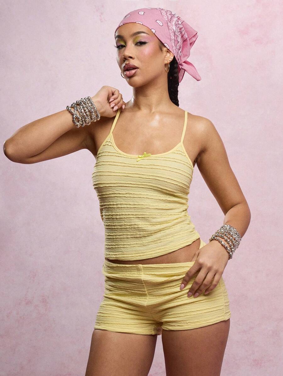 SUMWON WOMEN Textured Ruched Jersey Summer Two Piece Set Cami Top Shorts Festival Beach Resort Holiday Casual Lounge Wear - Yellow - View 1