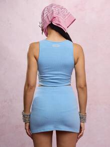 SUMWON WOMEN Ribbed Jersey Crop Top And Mini Skirt Co-Ord Set, Y2K Style Fitted Two Piece Outfit With Accessories, Festival Summer Matching Set