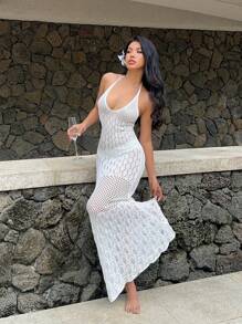 Aloruh 女式长款钩针镂空露背紧身针织鱼尾白色连衣裙，春夏