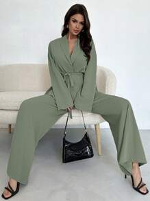 Firerie 女士优雅休闲度假通勤办公室撞色翻领系腰宽松紧身衣和高腰休闲裤，适合秋夏季 - 薄荷綠 - 查看 7