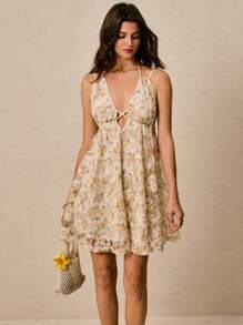 Poéselle Women's Dresses Backless Exquisite Lace Print Dresses Vacation Romantic Dresses Wedding Season Women's Ditsy Floral Mesh Strap Mini Vacation Beach Dress