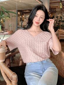 DAZY Women's Summer Bell Sleeve Pleated Texture Round Neck Short Sleeve T-Shirt - Pink - View 5