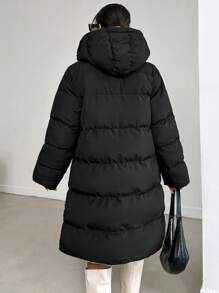 SHEIN Cottnline Frenchy Zip Up Slant Pocket Hooded Puffer Casual Winter Coat - Black - View 2