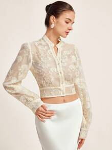Aveloria Rosie Elegante blusa de dama de manga larga con escote en V, abotonada, de tela transparente bordada, elegante para citas, bodas y el Día de San Valentín