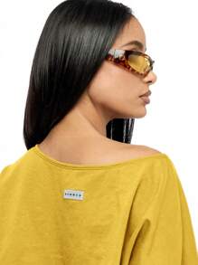 SUMWON WOMEN 露肩图案徽标短款上衣 纽约宣言都市街头服饰宽松大学运动健身节休闲周末 T 恤 - 黃色 - 查看 4