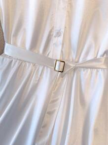 Chiquease 优雅白色短袖衬衫领系带 A 字裙，女士春夏连衣裙 - 白色 - 查看 5