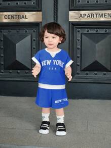 SHEIN 2pcs Set Baju dan Celana Pendek Bergaris Kasual Olahraga untuk Bayi/Balita, Cocok untuk Musim Semi/Panas - MultiWarna - View 5