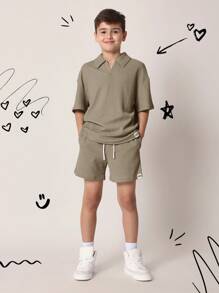 SUMWON 纹理华夫格针织 Polo 衫套装夏季休闲米色短裤运动服透气儿童男童运动服青少年两件套