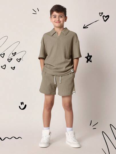 SUMWON 纹理华夫格针织 Polo 衫套装夏季休闲米色短裤运动服透气儿童男童运动服青少年两件套