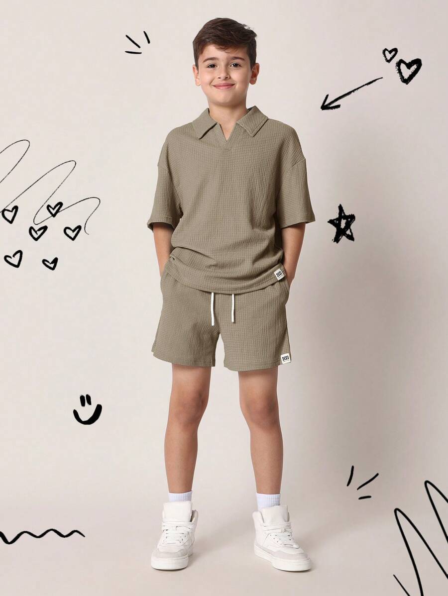 SUMWON 纹理华夫格针织 Polo 衫套装夏季休闲米色短裤运动服透气儿童男童运动服青少年两件套
