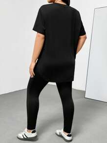 Shapeblank 大码女装春夏时尚休闲运动舒适基本百搭修身日常黑色短袖 T 恤和紧身裤两件套、裤子套装、街头服饰、机场服装、女士夏季服装、外出服装、Y2k 服装、极简主义风格、女士教堂服装 - 黑色 - 查看 3