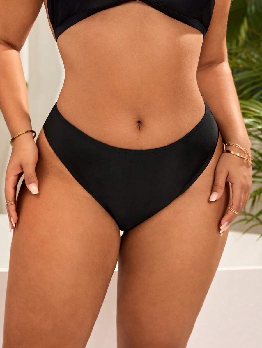 SHEIN Swim Curve 大码女式黑色休闲假日比基尼泳裤 - 黑色 - 查看 1