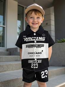 2pcs/Set Baby Boy Black & White Printed Shirt With Matching Shorts,Racing Style Graphic Street Fashion,Summer Street Life Casual Beach Outfit - Multicolor - View 3