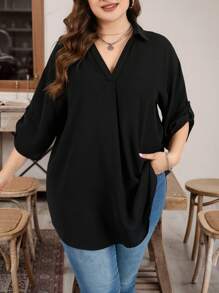 SHEIN Essnce Plus Size Women's Spring And Summer New Fashion Casual Business Casual Woman Commuting Elegant Work Casual Spring And Summer Women's Notched V-Neck Adjustable Sleeves Mixed 7-Quarter Sleeve Summer Tops Going Out Tops Church Clothes Women Office Outfits For Women Rave Outfits Funny Shirts Teacher Black Shirt