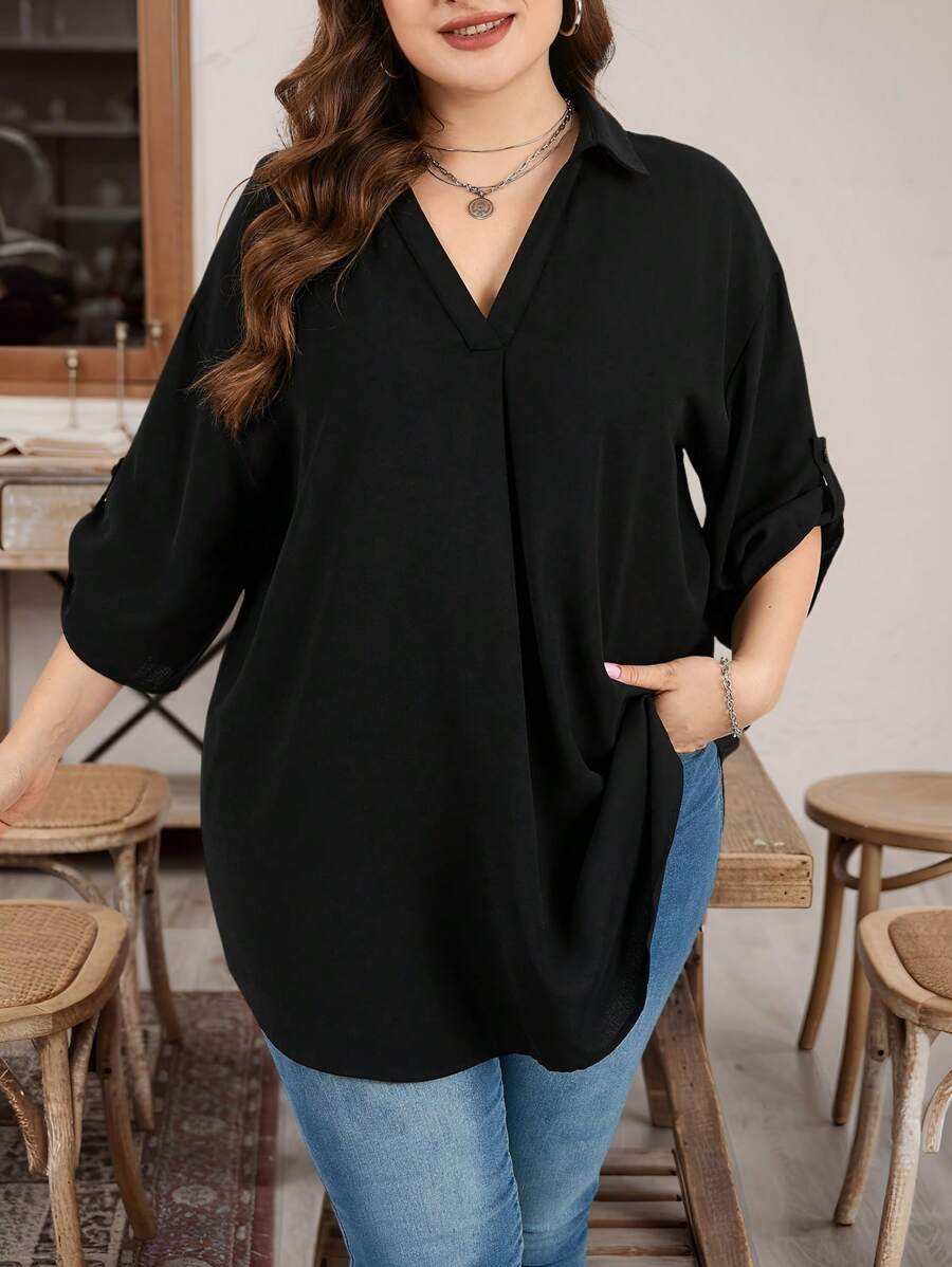 SHEIN Essnce Plus Size Women's Spring And Summer New Fashion Casual Business Casual Woman Commuting Elegant Work Casual Spring And Summer Women's Notched V-Neck Adjustable Sleeves Mixed 7-Quarter Sleeve Summer Tops Going Out Tops Church Clothes Women Office Outfits For Women Rave Outfits Funny Shirts Teacher Black Shirt