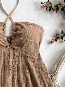 Soleia Women's Brown Textured V-Neck Casual Halter Neck Vacation Top