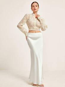 Aveloria Rosie Elegante blusa de dama de manga larga con escote en V, abotonada, de tela transparente bordada, elegante para citas, bodas y el Día de San Valentín