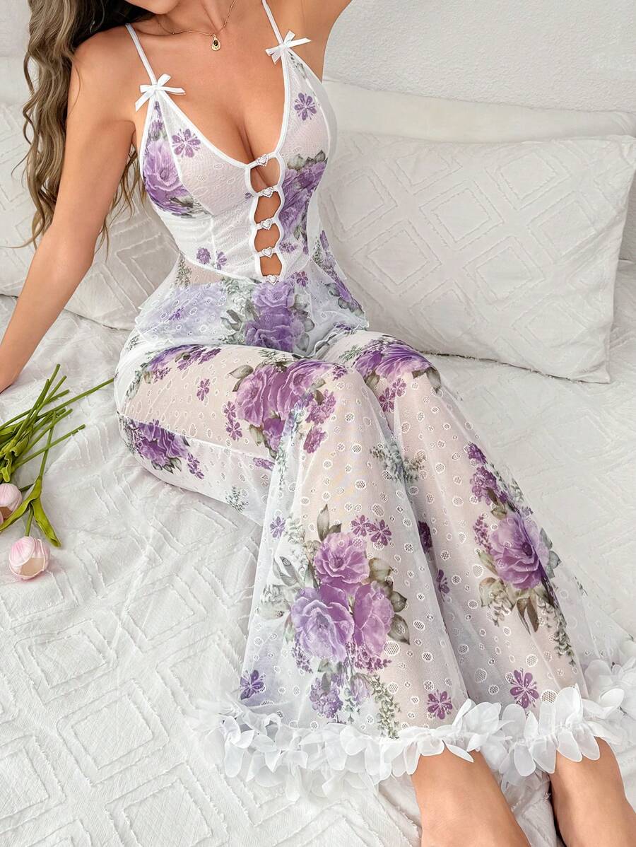 SHEIN Conjunto de pijama de camiseta de tirantes con estampado floral de decoración con diamante en forma de corazón y pantalones para vacaciones