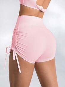 SHEIN Sports 桃色提臀紧身瑜伽短裤，高腰弹力女式运动短裤，适合跑步健身 - 粉色 - 查看 4