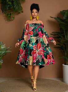 Maweii Abito con stampa tropicale, scollo a spalla, maniche a lanterna, stile casual da vacanza, taglie comode