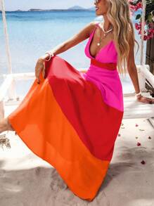 Vivid Eden Sukienka damska z długim rękawem z nadrukiem w bloki kolorów i dekoltem w serek, wiosenne i letnie stylizacje, ubrania letnie, walentynki, stroje wakacyjne, stroje plażowe dla kobiet, festiwal, romantyczne i eleganckie ubrania, styl boho, boho, słodkie, stroje rave na festiwal, tropikalne ubrania damskie na wakacje, karnawał