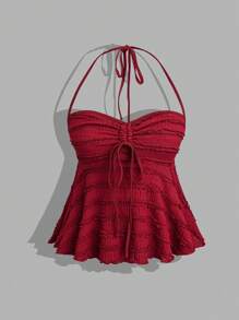 Sweetra Áo ba lỗ dệt kim ngắn họa tiết dây rút màu đỏ trơn, bó eo, thời trang & đa năng, thiết kế giản dị & tối giản dành cho phụ nữ - Đỏ - Xem 1