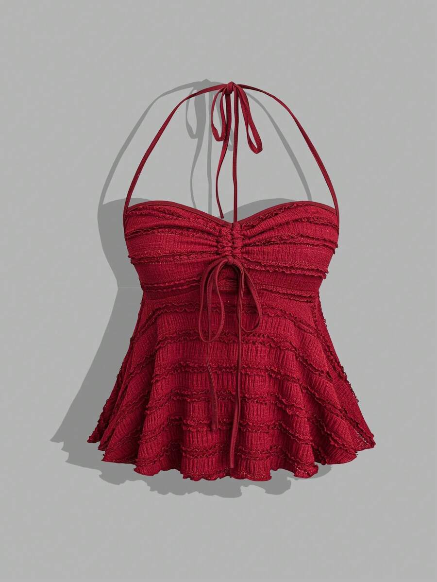 Sweetra Áo ba lỗ dệt kim ngắn họa tiết dây rút màu đỏ trơn, bó eo, thời trang & đa năng, thiết kế giản dị & tối giản dành cho phụ nữ - Đỏ - Xem 1