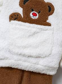 2pcs/Set Young Boys Casual School Style Comfortable & Fashionable Simple Cute Bear Cartoon Pattern Fleece Thick Warm Sweatshirt And Pants Outfit, Suitable For Kids Back To School, Young Boys Daily Wear, School Outfits, Suitable For Casual, School, Outdoor, Sports, Autumn Winter Season