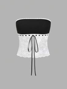 TRNVIE Elegant Colorblock Lace Patchwork Bow Bandeau Top