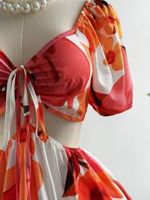 Ceyna Plus Size Elegant Floral Print Twist Knot Hollow Out Drawstring Shift Summer Holiday Dress Romantic Mini-Dress