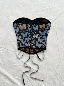 Soleia New Vacation Butterfly Bandeau Crop Top With Tie-Back,Spring Break, Saint Patrick,Easter Women,Concert Women,Elegant,Vacation,Business Casual Woman ,Western,Cute,Boho,Country ,Modest,Streetwear,Tropical,Gyaru, Floral,Backless