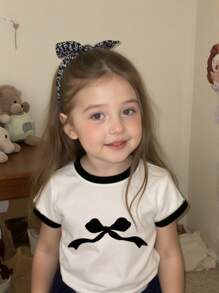 GraphicGems Baby Girl Bow Printed Trim Round Neck Short Sleeve Casual Top