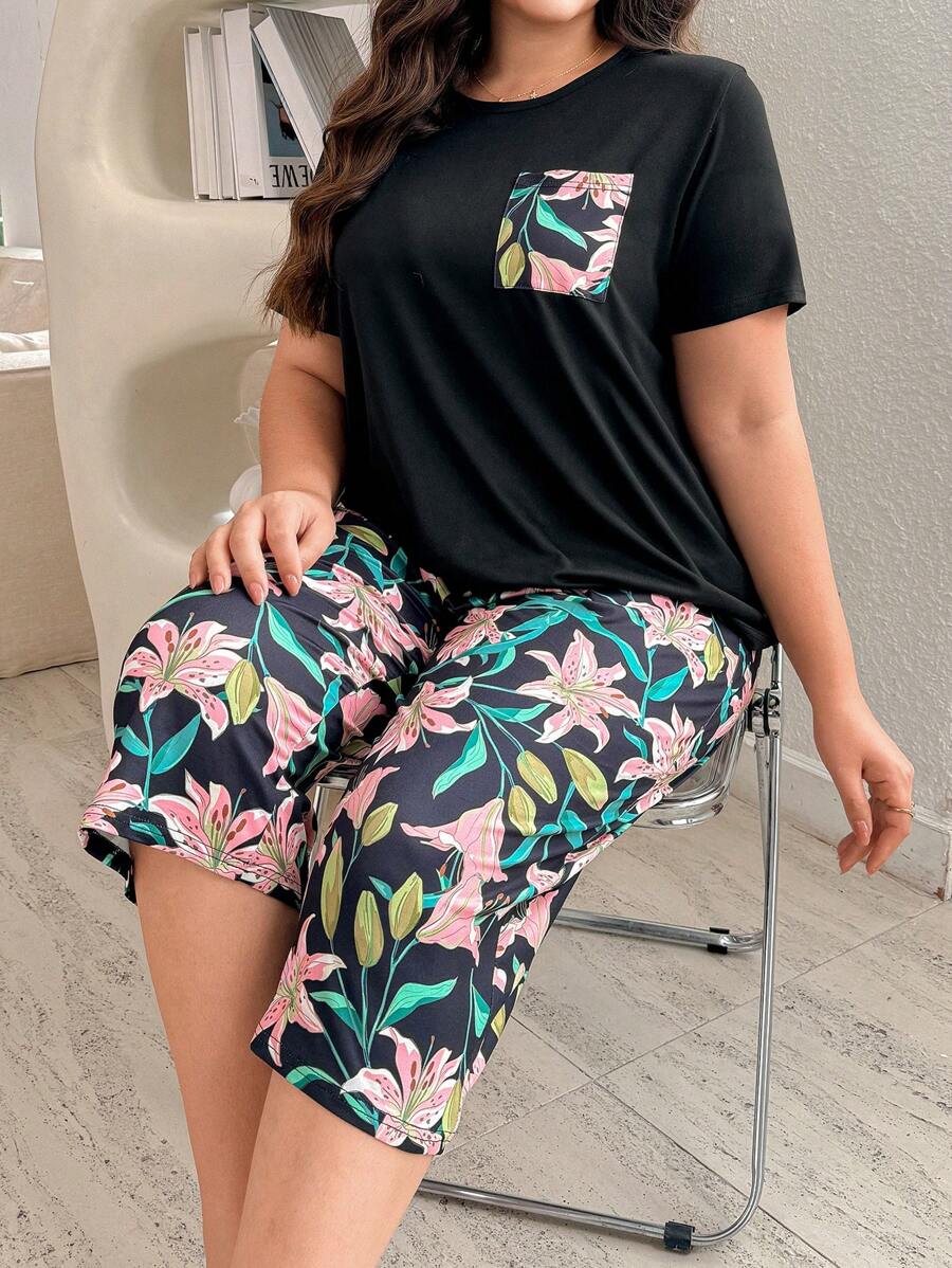 SHEIN Plant & Floral Print Top And Pants Pajama Set, Plus Size, Outfits - Multicolor - View 1