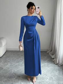 Elenzga Vestido largo de satén liso con hombro fruncido, manga larga, abertura lateral y diseño elegante para fiesta - Atuendo de mujer