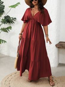 Flirla Plus Size Women's Casual Vacation Crossover V-Neck Loose Ruffle Sleeve High-Low Hem A-Line Long Sleeve Dress, Spring/Summer - Burgundy - View 4