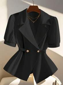 SHEIN Clasi 大码女式素色优雅休闲短袖薄款西装外套，带纽扣和蝴蝶结装饰