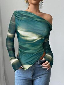 Firerie Camiseta de manga larga asimétrica de mujer elegante con estampado de teñido anudado